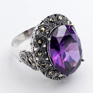 Silver and marcasite purple stone ring