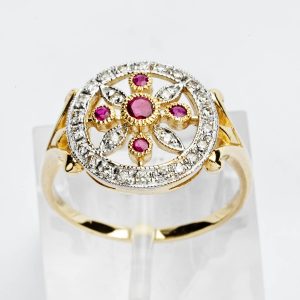 Filigree ruby and diamond ring
