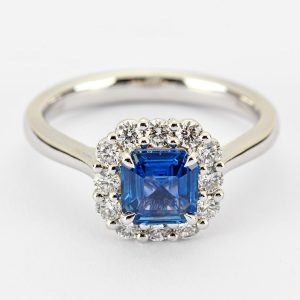 Square set sapphire and diamond ring