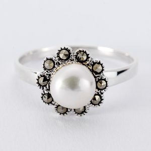 Silver pearl marcasite ring