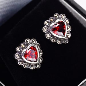 Silver garnet marcasite studs