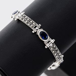 Silver blue oval stone marcasite bracelet