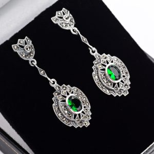 Green marcasite long drop earrings