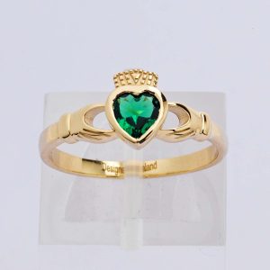 Gold Claddagh Ring Green Heart