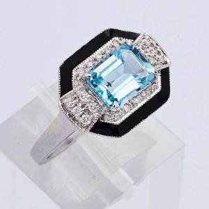 Onyx, Blue Topaz & Diamond Ring