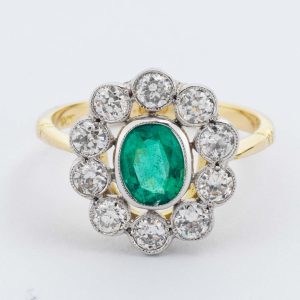 Oval Emerald & Diamond Floral Cluster Ring
