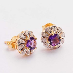 Amethyst & Diamond Floral Cluster Studs