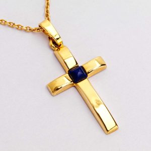 Gold Cross Pendant with Lapis Stone