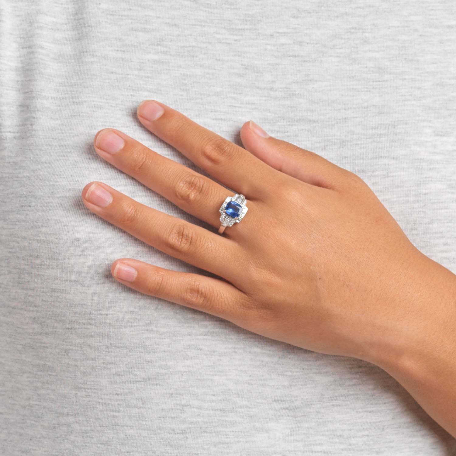 Cushion Cut Sapphire & Diamond Cluster Ring - Image 2
